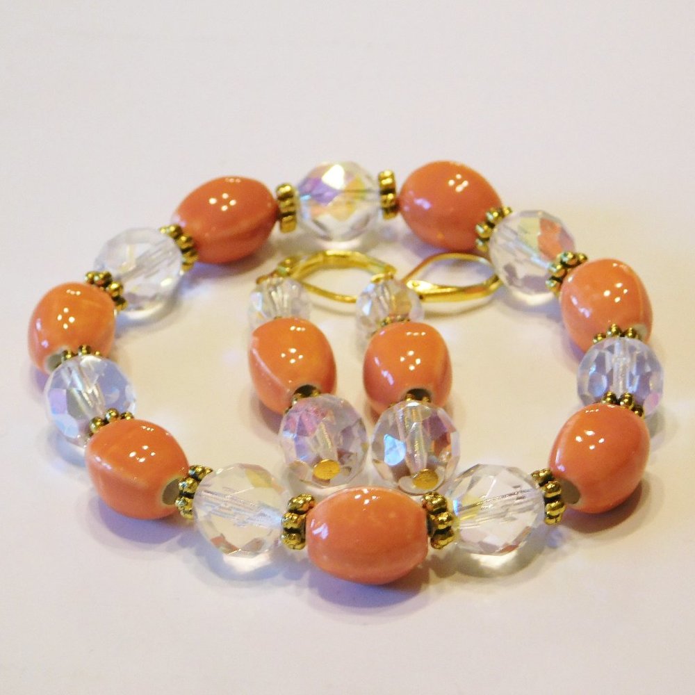 Handmade Orange Stretch Bracelet &  Earrings - 7.25"